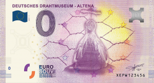 Das Drahtkleid aus dem Deutschen Drahtmuseum in Altena ziert eine 0-Euro-Note.